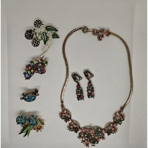 Vintage Hollycraft 1950s Rhinestone Necklace Earrings 3 Brooch Pin Lot Enamel